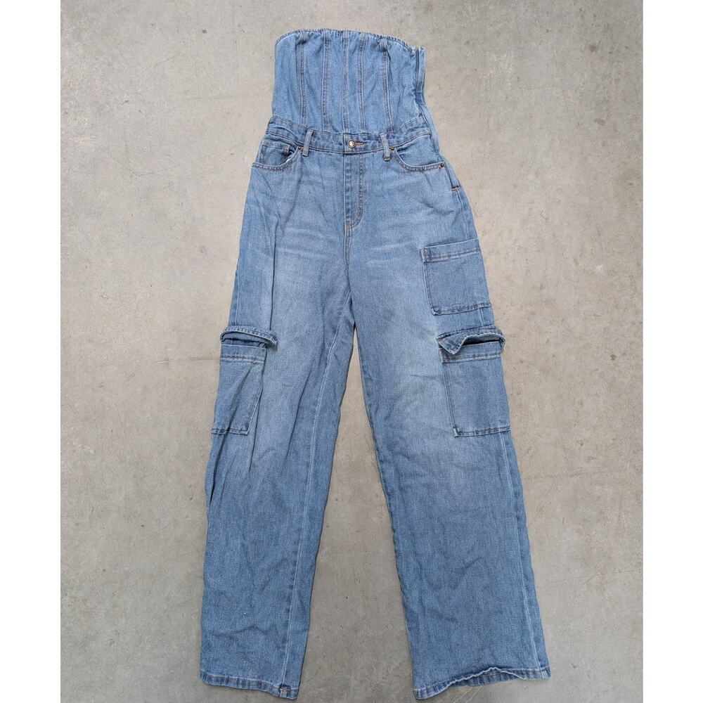 Wild Fable Blue Denim Strapless Cargo Jumpsuit With Pockets Size Extra Small